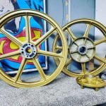 Wheels that have been Powdercoarted Regal Gold. 