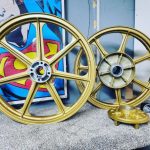 Wheels that have been Powdercoarted Regal Gold. 